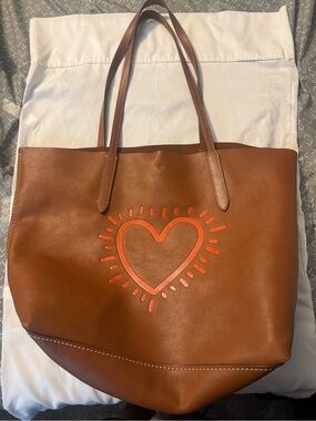 Coach x Keith Haring Collaboration Brown Leather Tote with Pink Heart Motif